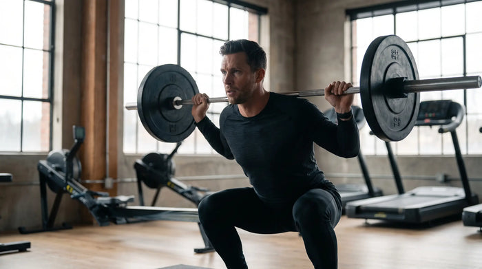 Sporters die squats doen in de sportschool, uithoudingsapparaten op de achtergrond – kracht en uithoudingsvermogen combineren