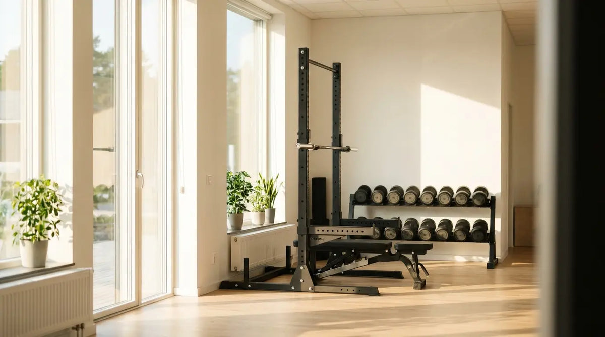 Area dedicata all’allenamento con i pesi, adatta ai principianti, dotata di power rack, panca per pesi e manubri, situata in una palestra luminosa