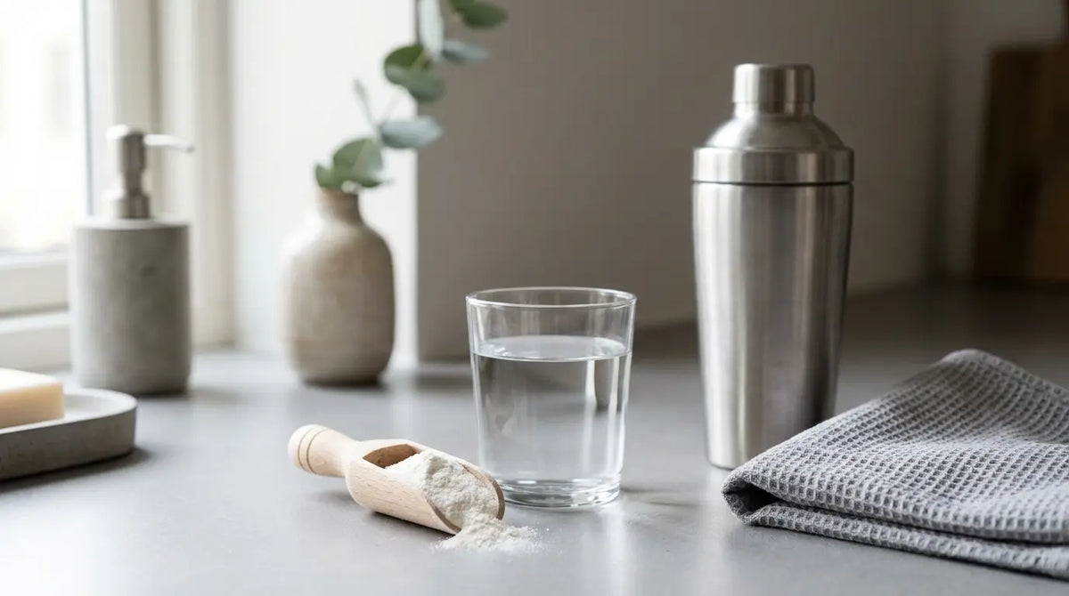 Un vaso de agua y una cuchara de madera con polvo de monohidrato de creatina sobre la encimera de la cocina