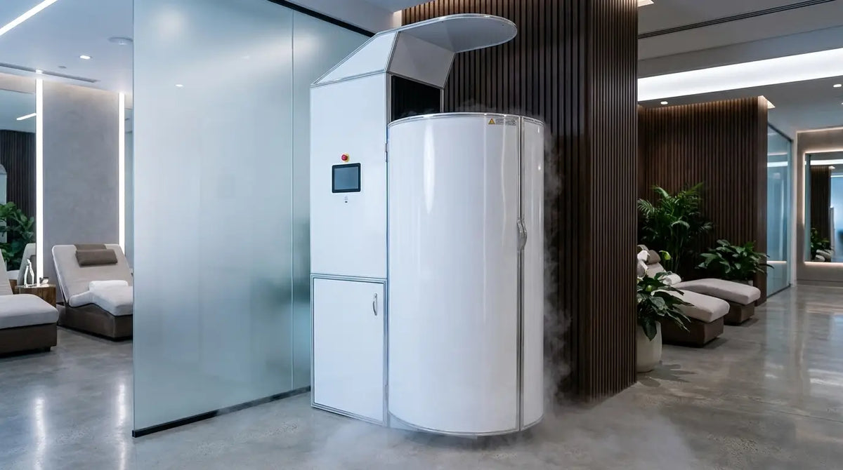 Criosauna individuale in una moderna clinica di recupero con nebbia fredda ascendente