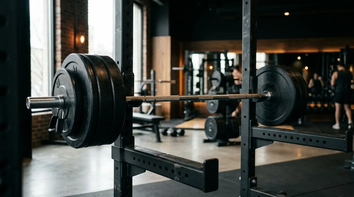 Olympische halterstang met bumperplaten op een power rack in een moderne sportschool
