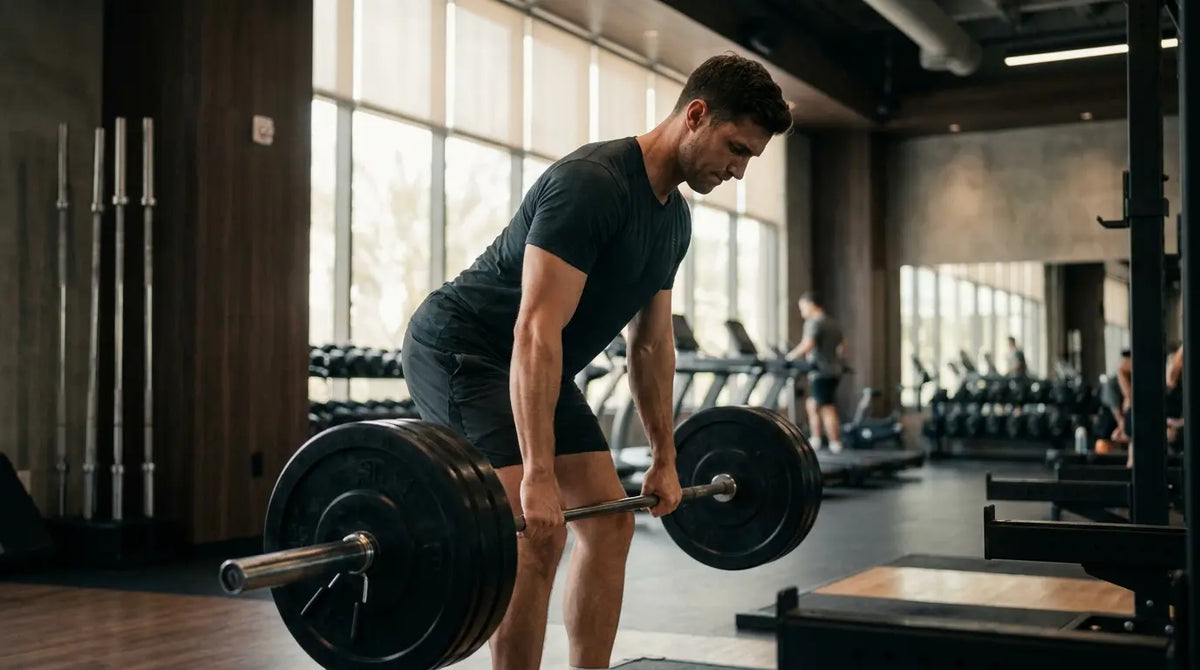 Un deportista realiza remo con barra inclinado hacia delante con una técnica impecable en el gimnasio