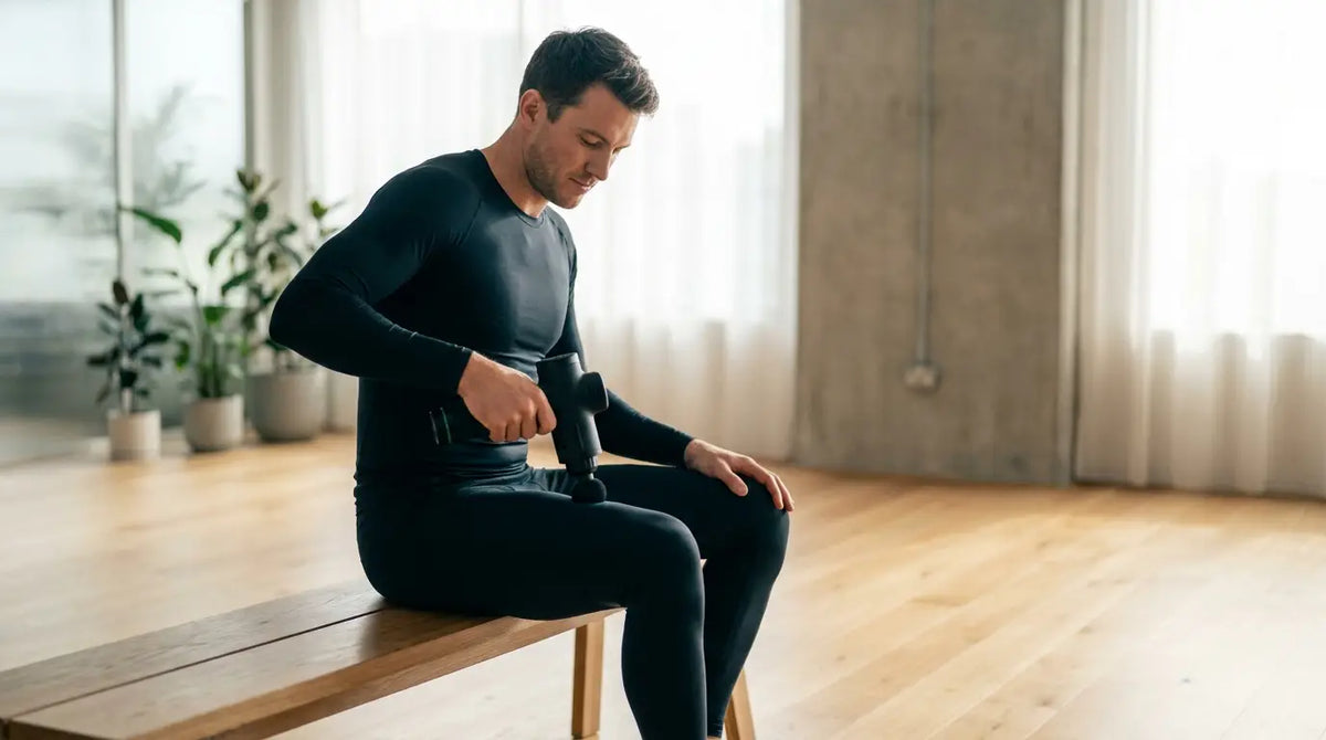 Athlet wendet eine Massagepistole am Oberschenkel in einem hellen Recovery-Studio an