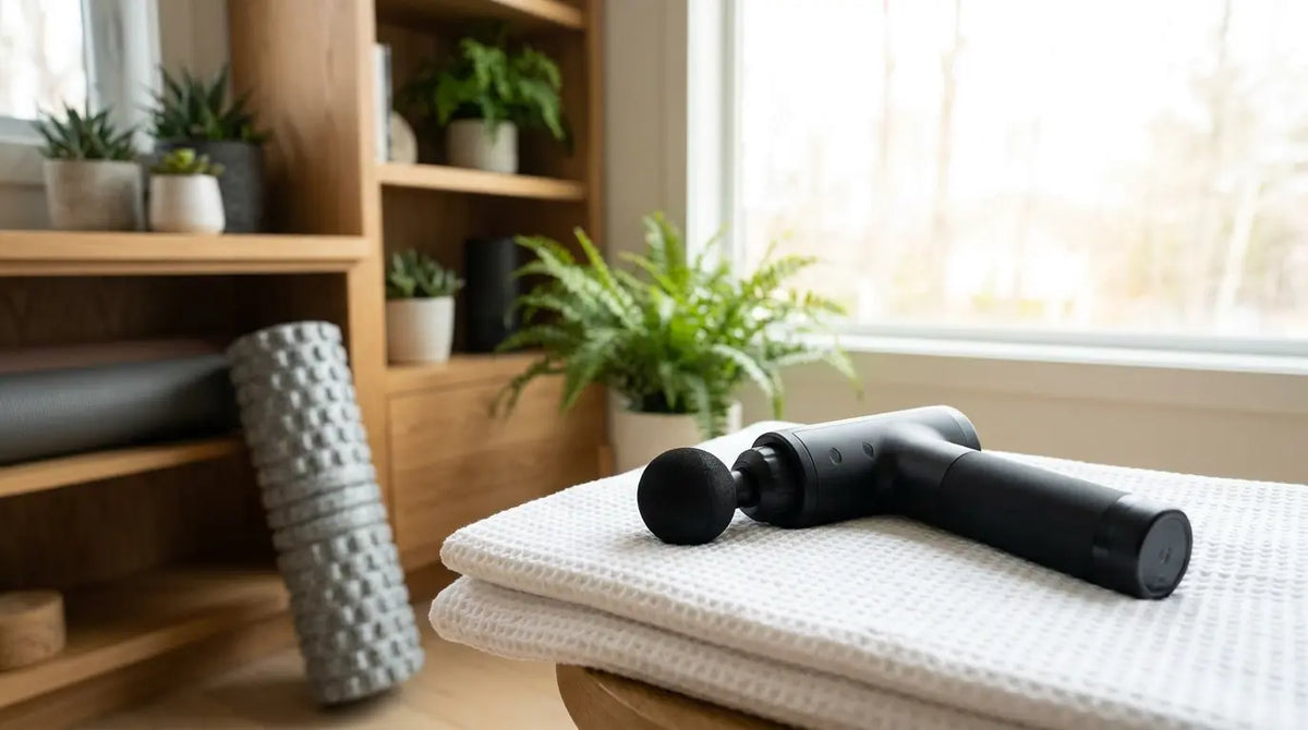 Matte schwarze Massagepistole auf einem Handtuch in einer Recovery-Ecke