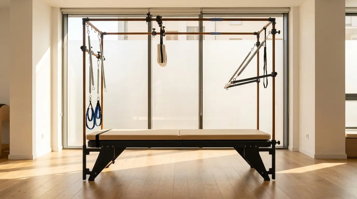 Tavolo Pilates Cadillac Trapeze in acciaio in uno studio luminoso e moderno