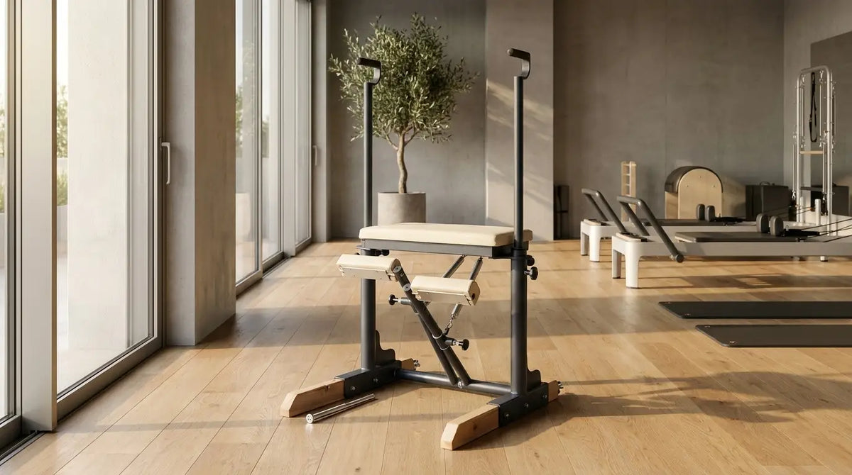 Hegren TALMA 62CH Pilates Chair in a bright, modern Pilates studio
