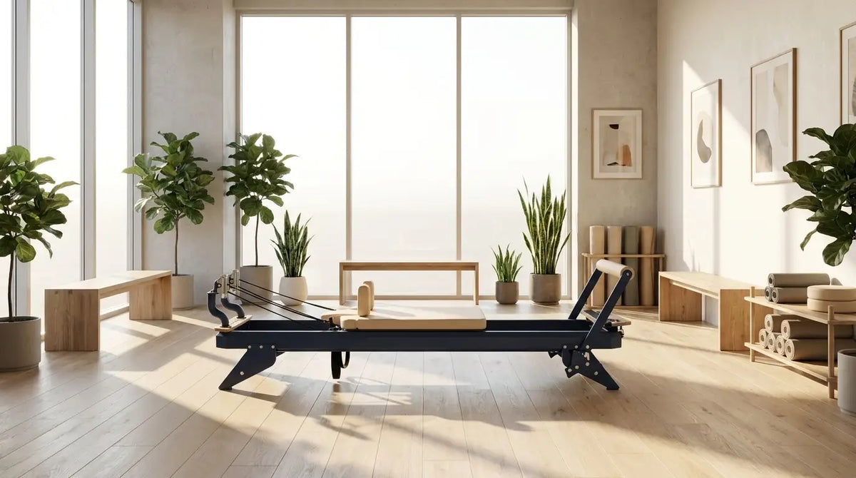 Hegren Reformer de Pilates TALMA 62 con estructura de acero en un estudio luminoso y moderno dedicado a la rehabilitación y al Pilates