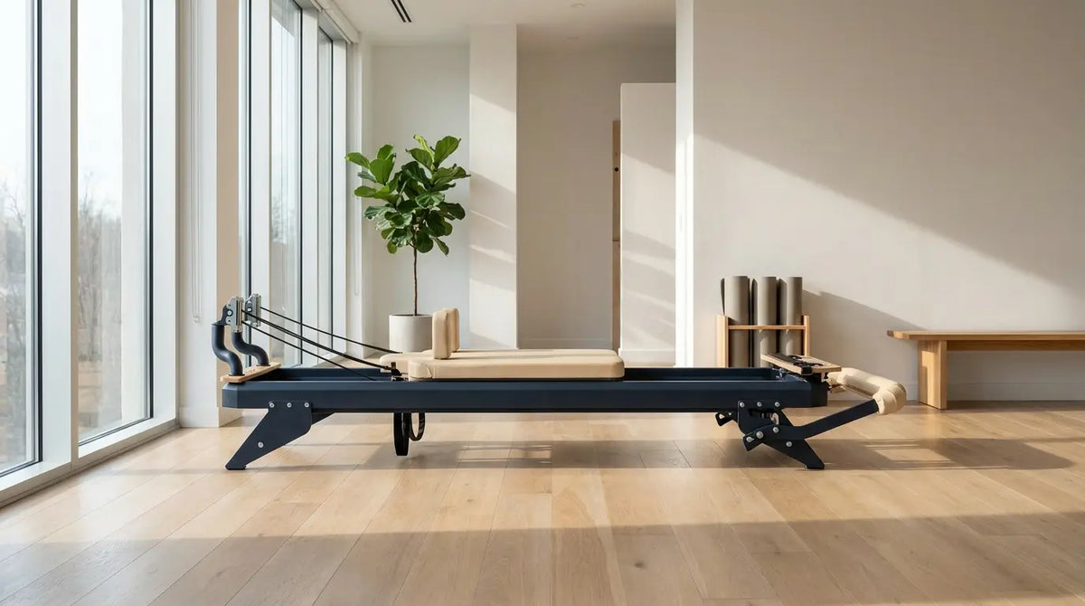 Hegren TALMA 62 Reformer with a steel frame in a bright Pilates and physical therapy studio
