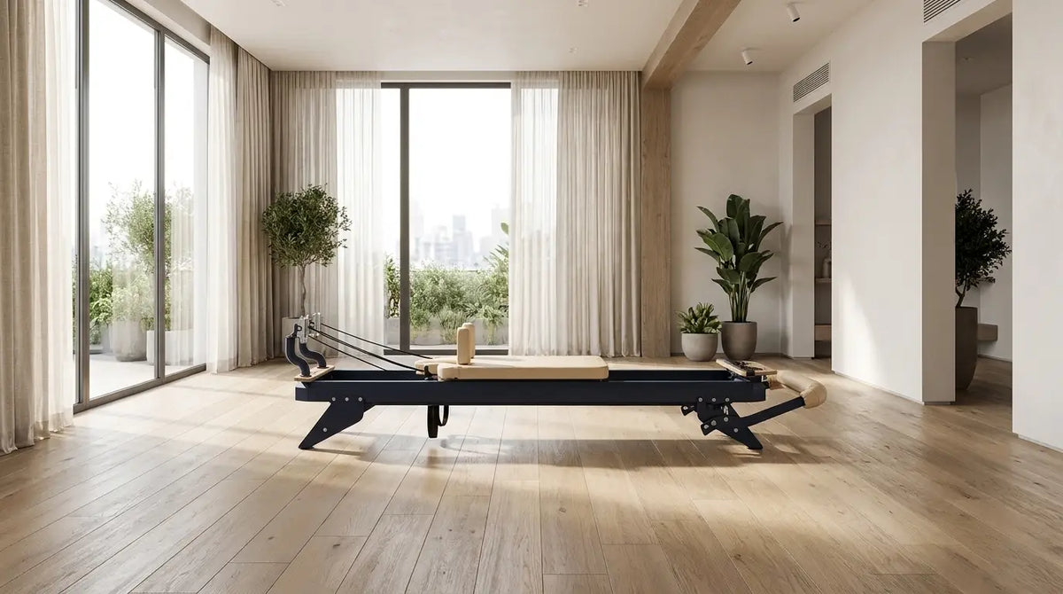 Hegren Reformer da studio TALMA 62 in acciaio in una luminosa sala da Pilates