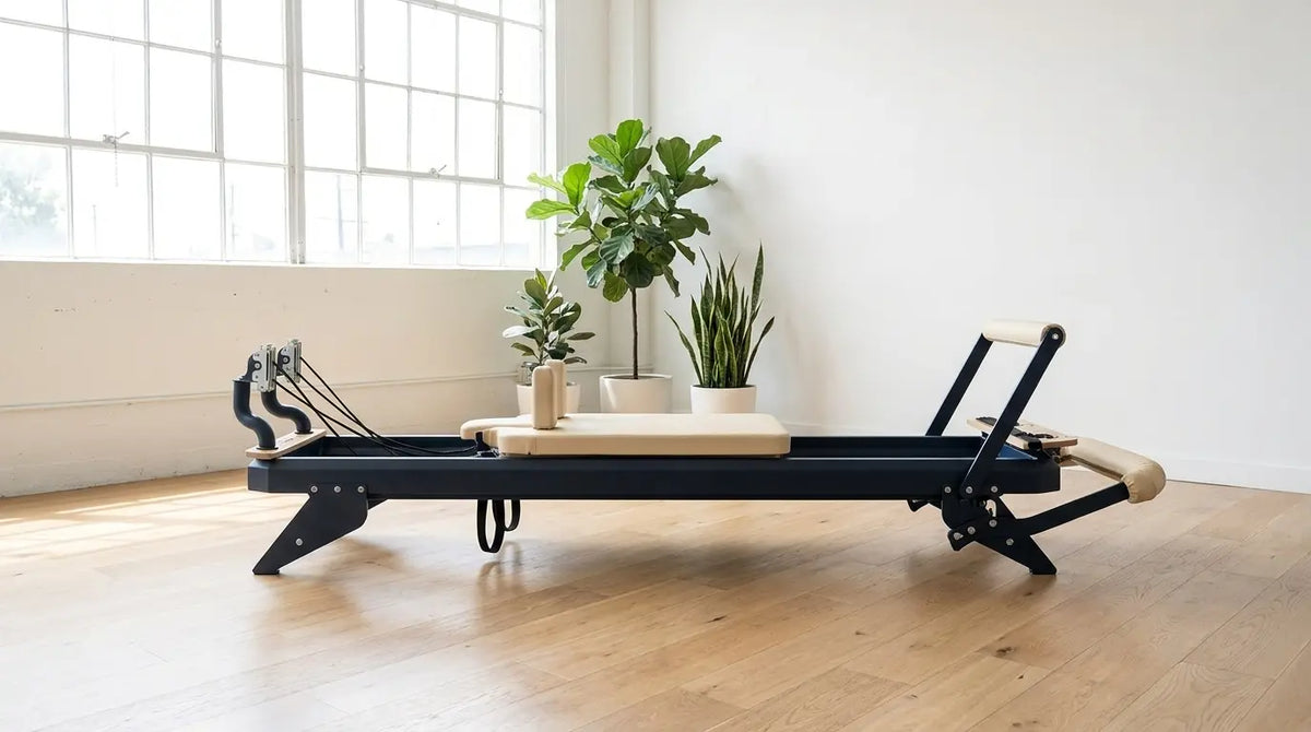 Hegren Reformer TALMA 62 con estructura de acero en un moderno estudio de Pilates