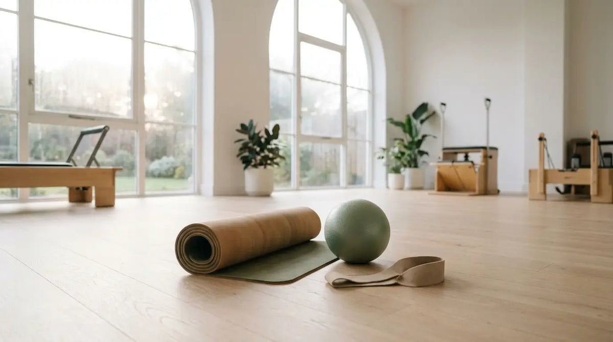 Luminoso estudio de pilates con colchonetas y accesorios suaves para la recuperación posparto