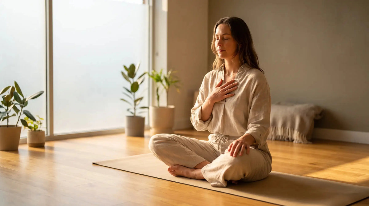 Una mujer en la esterilla de yoga realizando un ejercicio de respiración tranquila: pranayama para principiantes