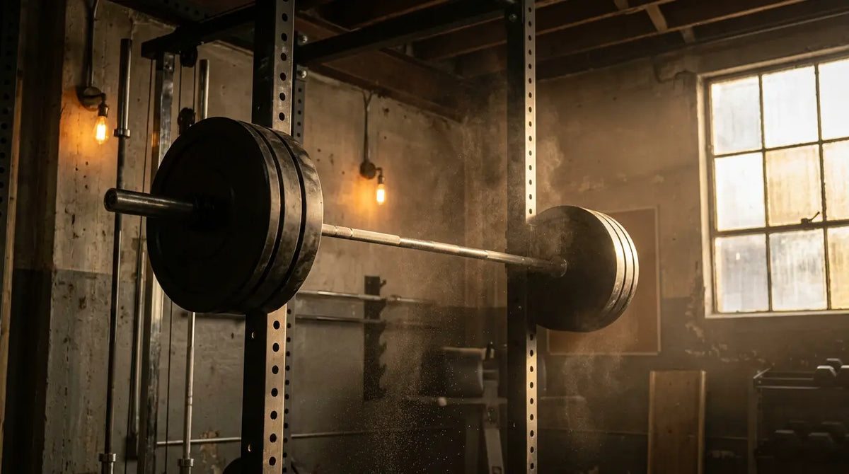Een beladen halterstang met bumperplaten in het power rack van een premium sportschool