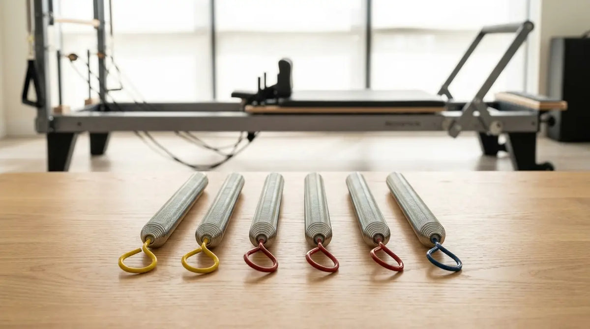 Molle per il Reformer Pilates con codice colore su una superficie in legno chiaro in uno studio moderno