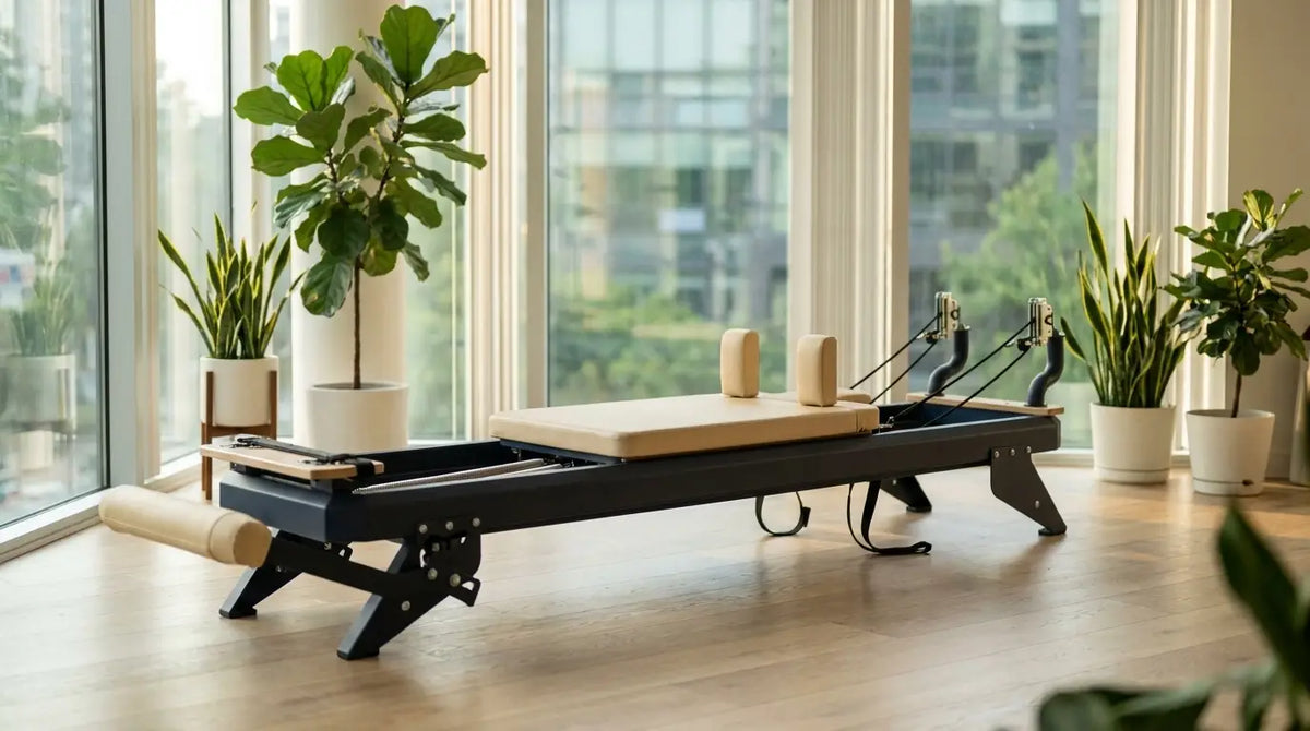 Hegren TALMA 62 Studio Reformer with a steel frame in a bright, modern Pilates studio