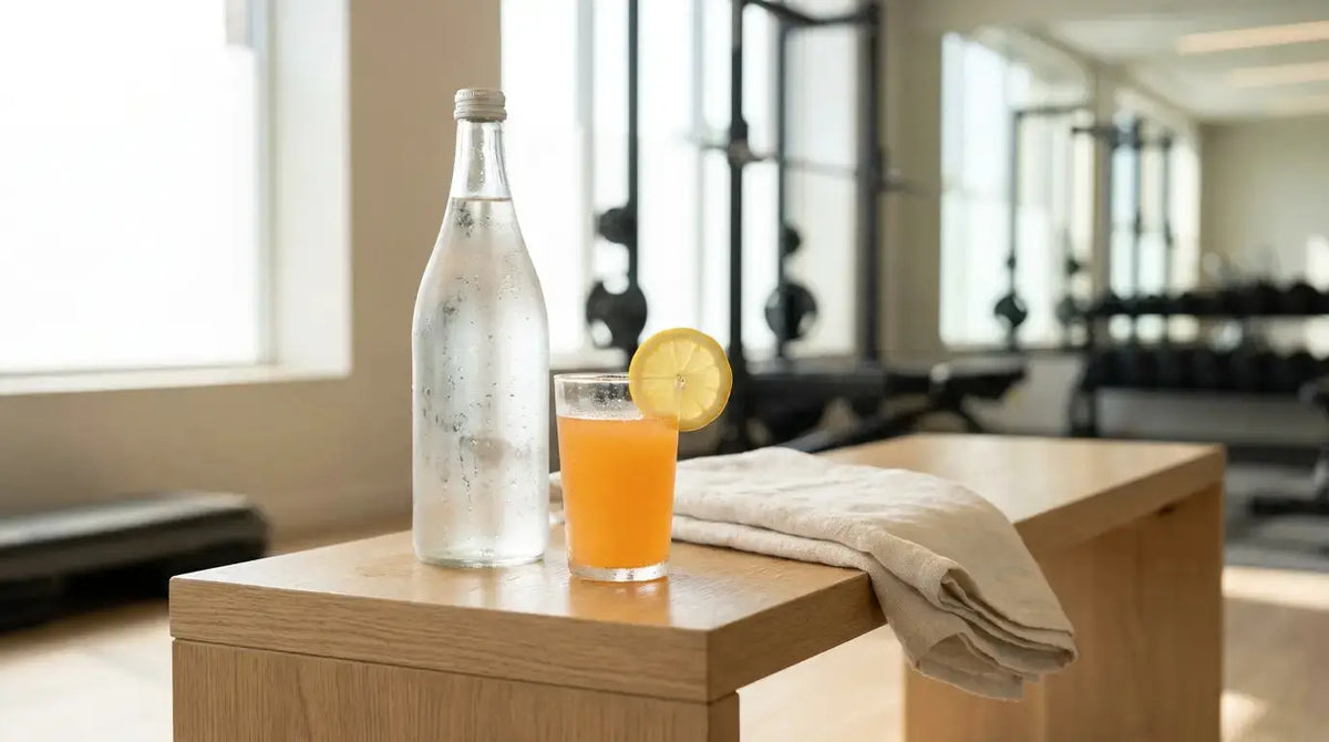 Una bottiglia d’acqua e una bevanda elettrolitica su una panchina in palestra