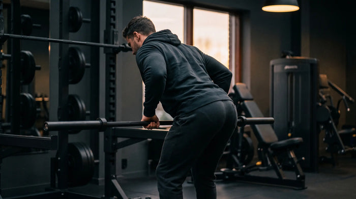 Atleet die aan barbell roeien doet voor rugtraining in een moderne sportschool