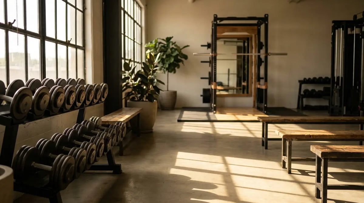 Manubri e rack per squat in una moderna sala pesi – Volume di allenamento per l'aumento della massa muscolare