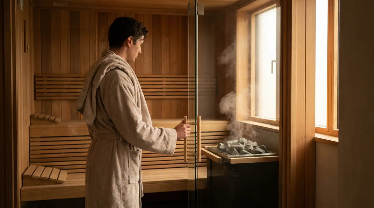 A person enters a modern Finnish wood-fired sauna in the wellness area – buy a sauna