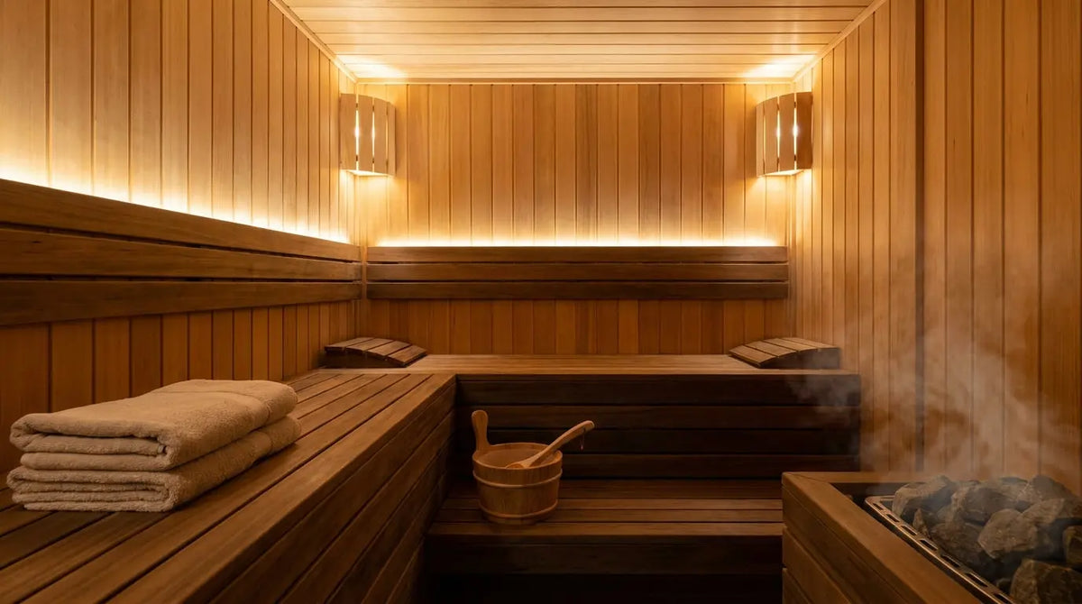 Interieur van een premium-sauna met warm hout en een emmer voor de opgietbeurt