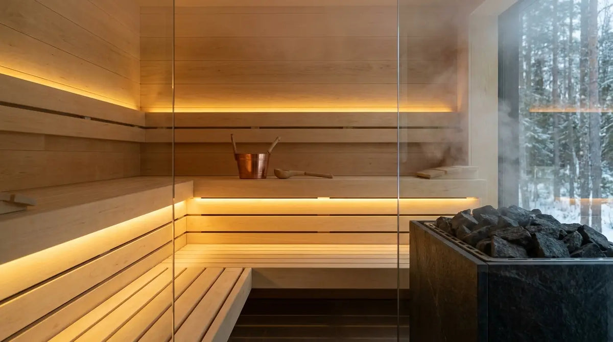 Innenraum einer modernen finnischen Sauna mit Holzbänken und sanftem Licht