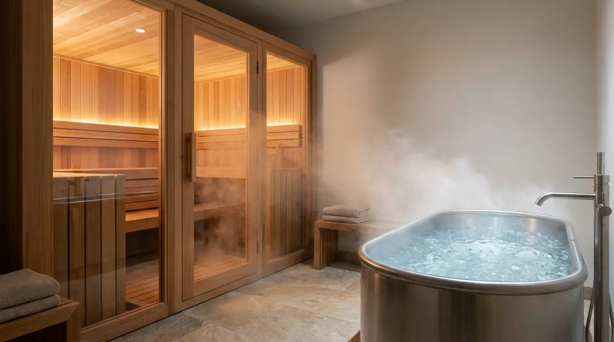 Sauna moderna accanto a una vasca di acqua ghiacciata in un’area dedicata al recupero