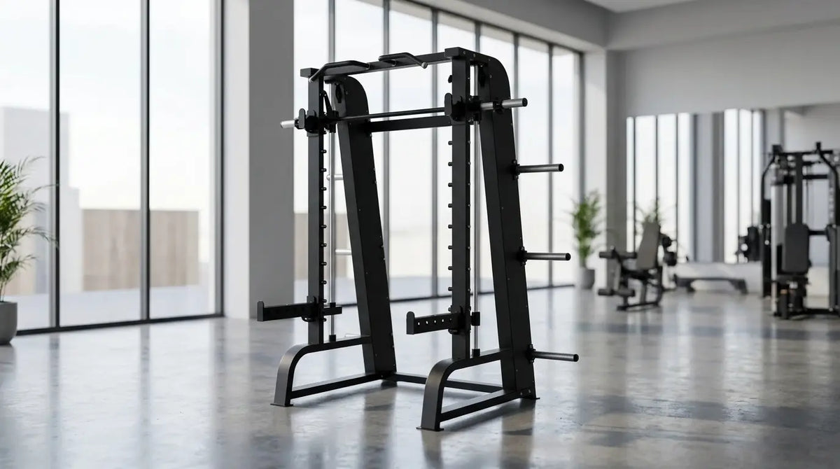 Smith Machine mit Stahlrahmen und geführter Langhantel in einem modernen Studio