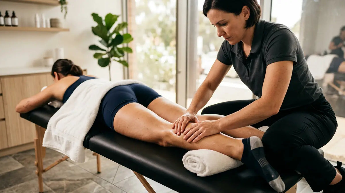 Sportmassage: Therapeut massiert die Wade eines Athleten auf der Behandlungsliege in einer modernen Recovery-Praxis