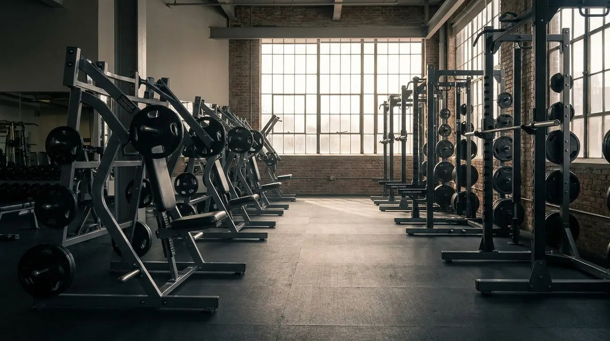 Krachttrainingsgedeelte van een moderne sportschool met plate-loaded-apparaten en power racks