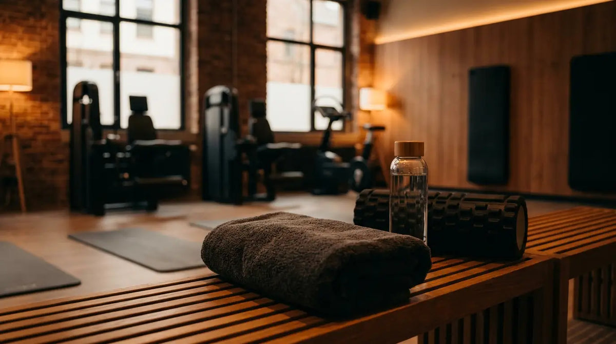 Ruhiges Recovery-Setting mit Handtuch, Trinkflasche und Faszienrolle auf einer Bank