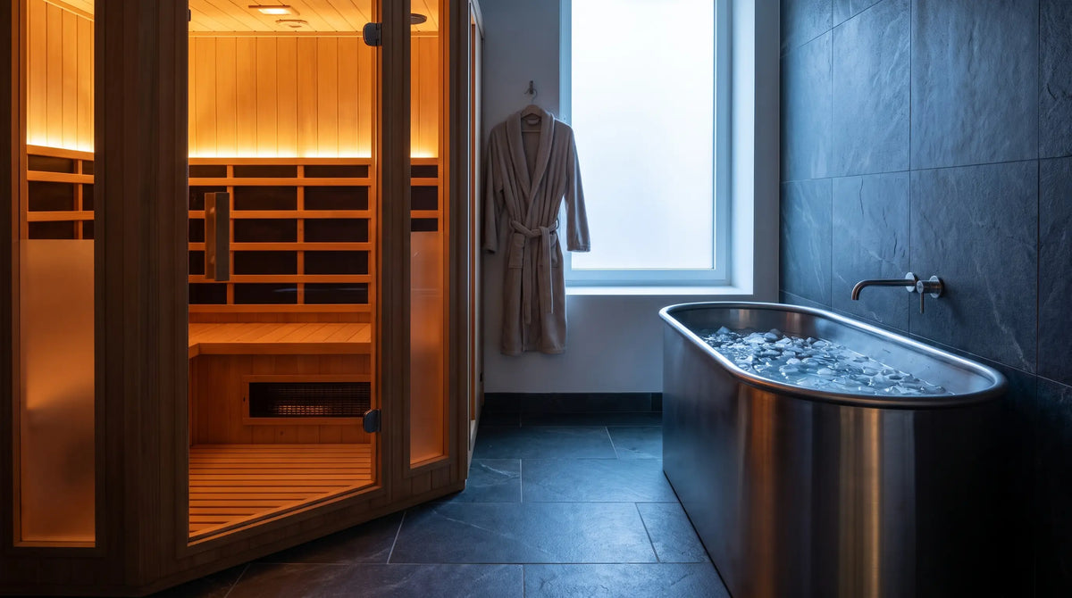 Moderna sala de recuperación con una cabina de sauna caliente y un baño de hielo frío que crean un contraste