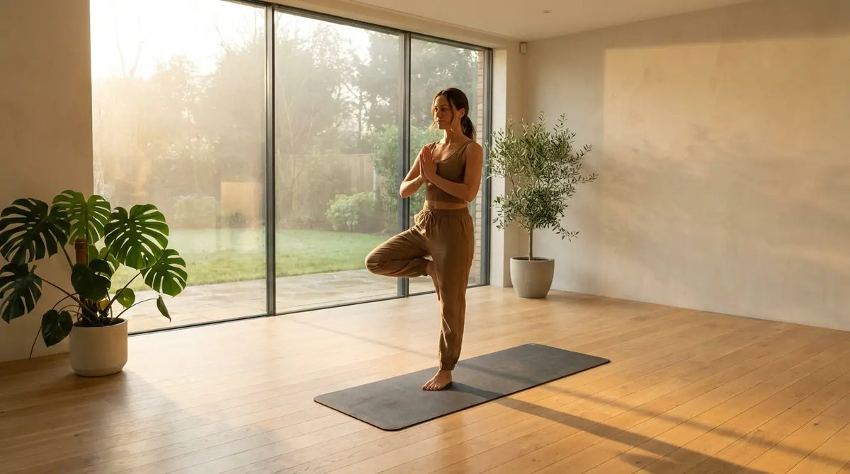 Ruhige Yoga-Pose in einem hellen Studio bei Sonnenaufgang