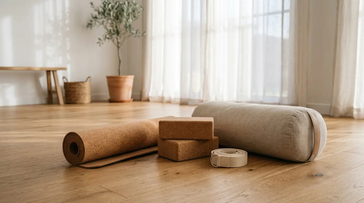 Accesorios de yoga en el estudio: esterilla de corcho, bloques de yoga, cinta y cojín cilíndrico sobre un suelo de madera clara