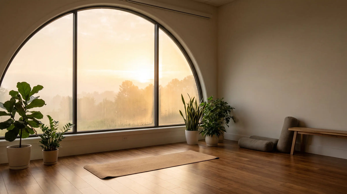 Un tappetino da yoga steso vicino alla finestra, illuminato dalla calda luce del mattino, in uno studio tranquillo e minimalista