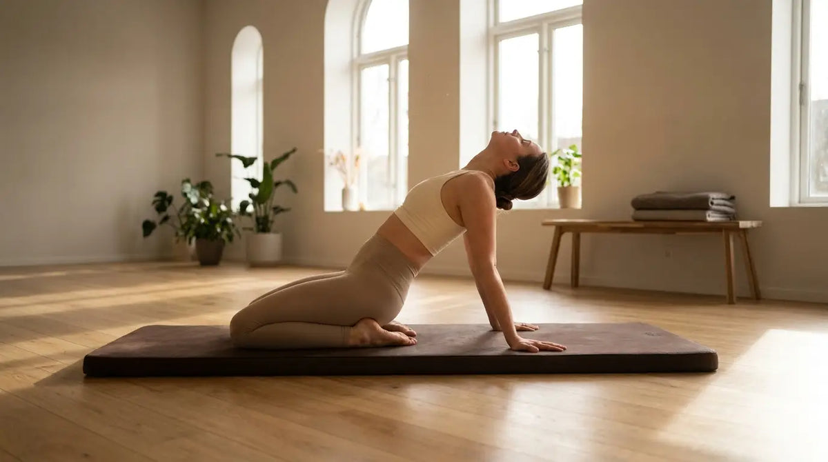 Una donna mentre esegue un delicato esercizio “gatto-mucca” sul tappetino da yoga in una sala luminosa per alleviare il mal di schiena