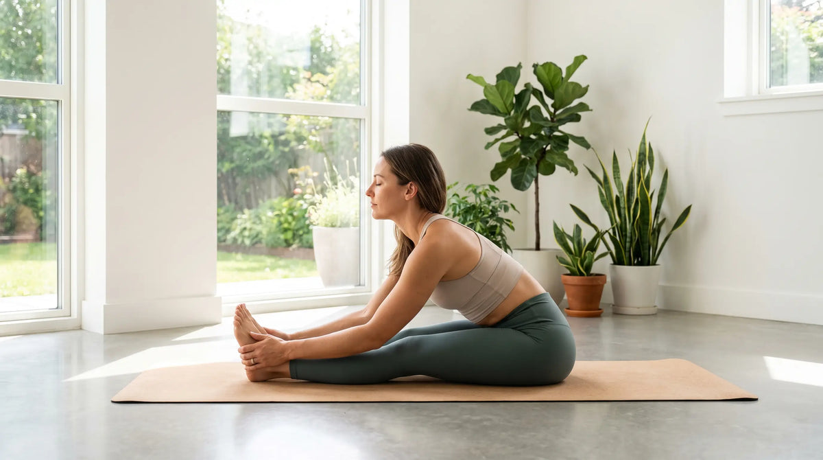 Atleta in una posizione di piegamento in avanti profonda dello yoga sul tappetino, in una sala luminosa