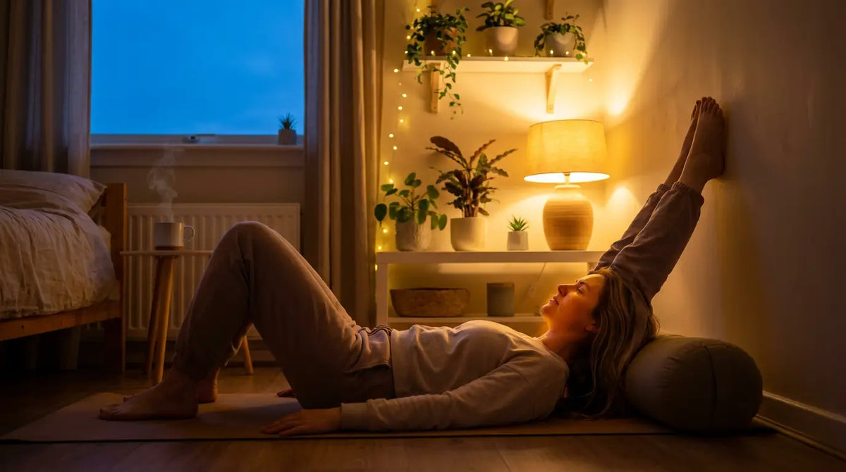 Una mujer en una postura relajada de yoga por la noche en un dormitorio con una iluminación cálida