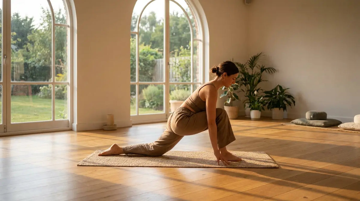Una donna in un affondo profondo per aprire le anche in una luminosa sala da yoga