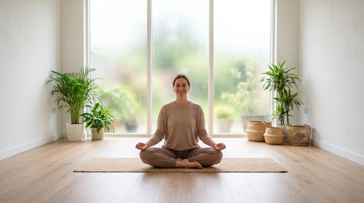 Mujer en una postura de meditación tranquila sobre una esterilla de yoga en un estudio luminoso