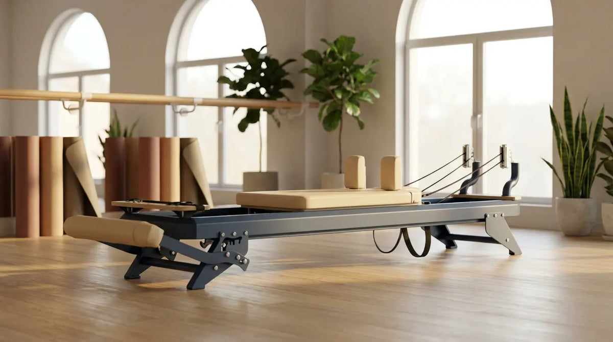 Hegren El Reformer TALMA 62 de acero, como elemento central de un luminoso estudio que combina yoga y pilates