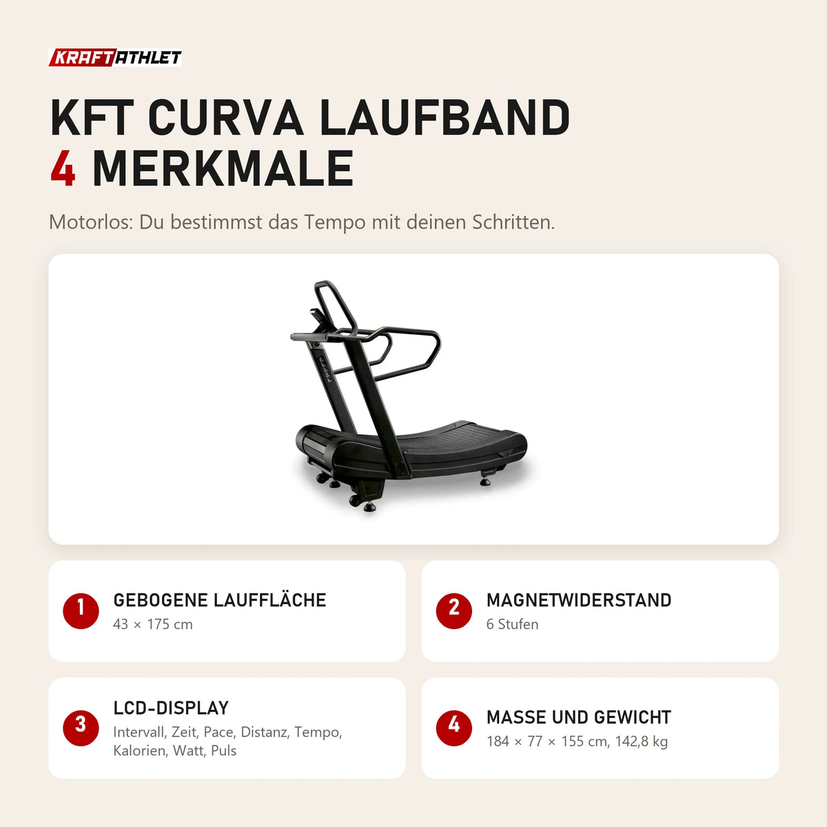 KFT Curva Laufband: gebogene Lauffläche, 6 Magnetstufen, LCD-Display, Maße und Gewicht