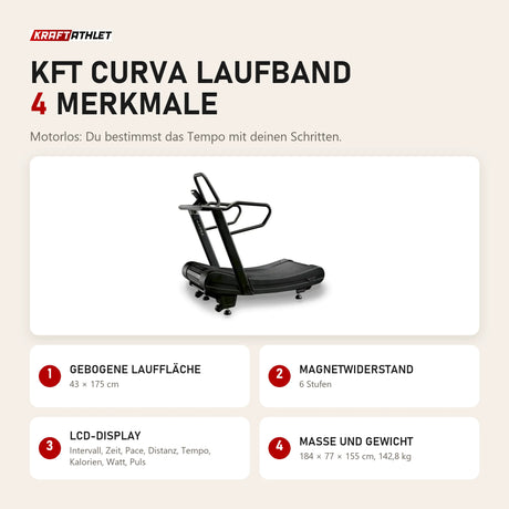KFT Curva Laufband: gebogene Lauffläche, 6 Magnetstufen, LCD-Display, Maße und Gewicht