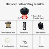 Aerify Dynamic Cupping, Grafik zum Lieferumfang mit Cupper, Bechern, Fernbedienung und Koffer