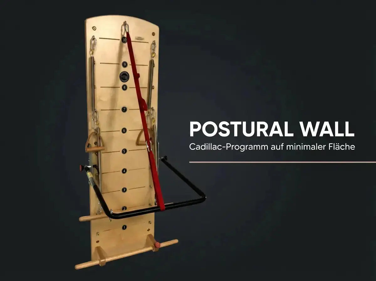 Body & Exercise Postural Wall Classic aus Birkenholz: Grafik mit Titel auf dunklem Hintergrund neben der Holzwand