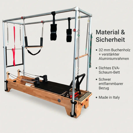 Body & Exercise Reformer Combo aus Buchenholz, Grafik zu Material: Buchenholz, Aluminiumrahmen, EVA-Schaum