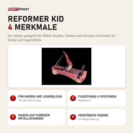 Body & Exercise Reformer Kid mit 4 Merkmalen: Für Kinder und Jugendliche, Fußstange 6 Positionen, Wagen auf farbigen Metallschienen, Verstärkte Federn