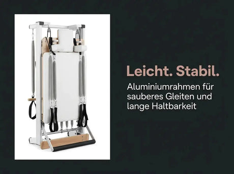 Body & Exercise Reformer Salvaspazio aus Aluminium, Grafik zum Aluminiumrahmen mit Holzfuß in Frontansicht