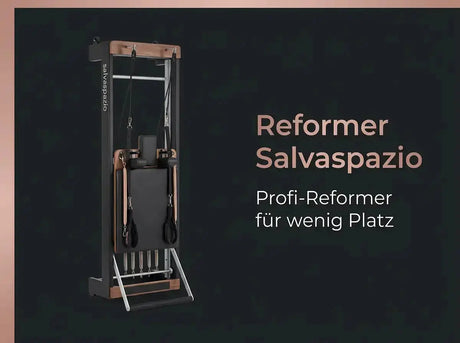 Body & Exercise Reformer Salvaspazio aus Aluminium, Titelgrafik mit senkrecht verstautem Reformer