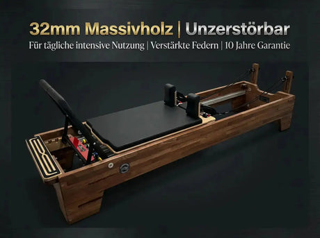 Body & Exercise Reformer Studio P001 aus Buchenholz, Grafik zu Massivholz und Federn, Schrägansicht