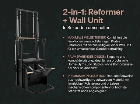 Body & Exercise Reformer Tower Black Edition, Grafik mit Wall Unit und Übersicht der Vorteile
